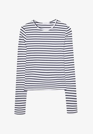 Dlhý rukáv v bielej a námorníckej pruhovanej farebnej kombinácii, s okrúhlym výstrihom a skráteným lemom. Mäkko tkanina s hladkou textúrou.