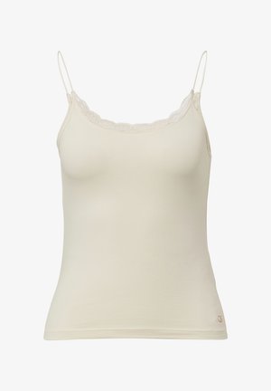 Kremowy top na cienkich regulowanych ramiączkach z koronkowym wykończeniem dekoltu. Miękka tkanina o dopasowanym kroju, bez ozdób.