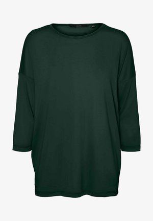 Dunkelgrünes, übergroßes Oberteil aus glattem Stoff. Mit Rundhalsausschnitt und drei Viertellängenärmeln mit umgeschlagenen Säumen.