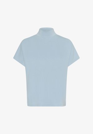 Lichtblauw T-shirt met korte mouwen en col van zachte stof, met een relaxte pasvorm en een gladde textuur. Geen zichtbare patronen of accenten.