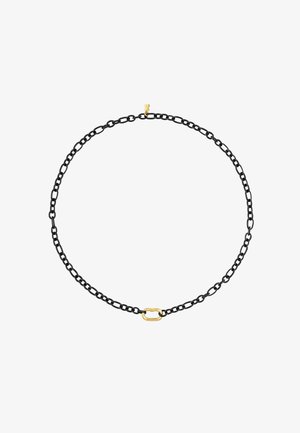 Collier en chaîne noire en métal avec un design à maillons ovales et un accent doré au centre, texture lisse et fermoir sécurisé.