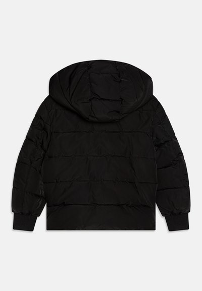 Black puffer jacket with a hood, featuring quilted texture, ribbed cuffs, and a cropped design. Smooth fabric. Back view shown.