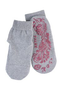 Graue Knöchelsocken mit gerippten Bündchen, die ein dekoratives pinkes Blumenmuster an der Seite und den eingewebten Markennamen "FALKE" aufweisen.