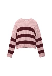 Chunky gebreide trui met brede horizontale strepen in roze en donker bordeaux, voorzien van lange mouwen en een ronde hals.