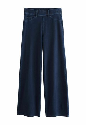Jeans largi de marină cu o textură netedă, design cu cinci buzunare și bucle pentru curea. materialul prezintă accente de cusătură subtile pentru detaliu.