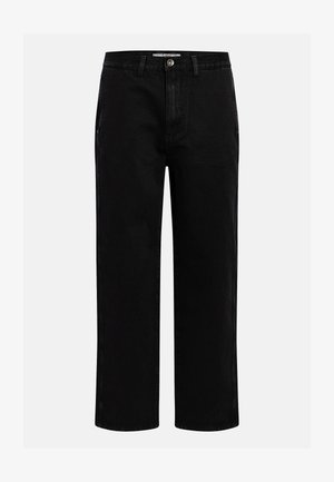 Black denim pants with a straight-leg cut, classic five-pocket design, and a button closure at the waist. Smooth texture and durable fabric.