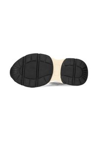 Suela de goma con un patrón texturizado y ranuras moldeadas, con un núcleo beige. El material negro se extiende a los lados para mayor agarre.