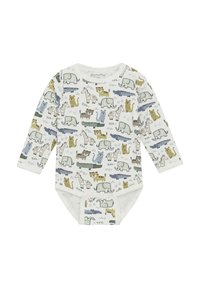 Långärmad babymössa i krämfärg med djurmönster i grönt, blått och brunt. Har tryckknappar för enkel byte. Mjuk bomullsmaterial.