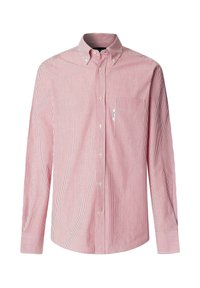 Chemise à manches longues rayée rouge et blanche avec un col boutonné, une poche avant et des poignets arrondis ; fabriquée en tissu léger.