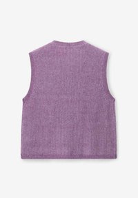 Gilet en maille violet sans manches avec un col rond, présenté de dos sur un fond blanc uni.