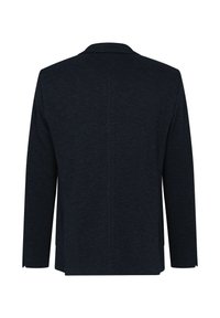 Dark blue blazer with a textured fabric, single-breasted design, notch lapels, and open vent details on the back.