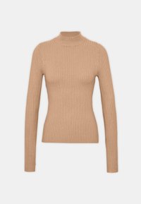 Pull beige à côtes avec un col montant, des manches longues et une silhouette ajustée. Confectionné dans un matériau tricoté doux et texturé.