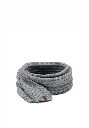 Gray knitted scarf with a braided design and a leather accent tag, features a soft texture and coiled shape for warmth and comfort.