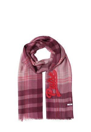 Écharpe à carreaux rose et violette douce avec bords à franges et mot brodé en rouge "Pulse" sur un côté.