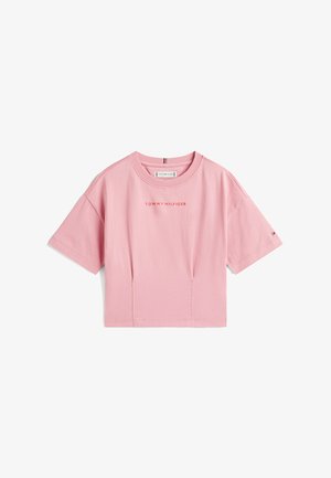 T-shirt court rose en coton. Caractéristiques : col rond, manches courtes et logo "TOMMY HILFIGER" au centre. Texture lisse.