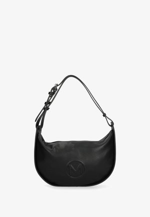 Bolso negro de cuero para el hombro con correa ajustable y logo circular estampado en la parte frontal.