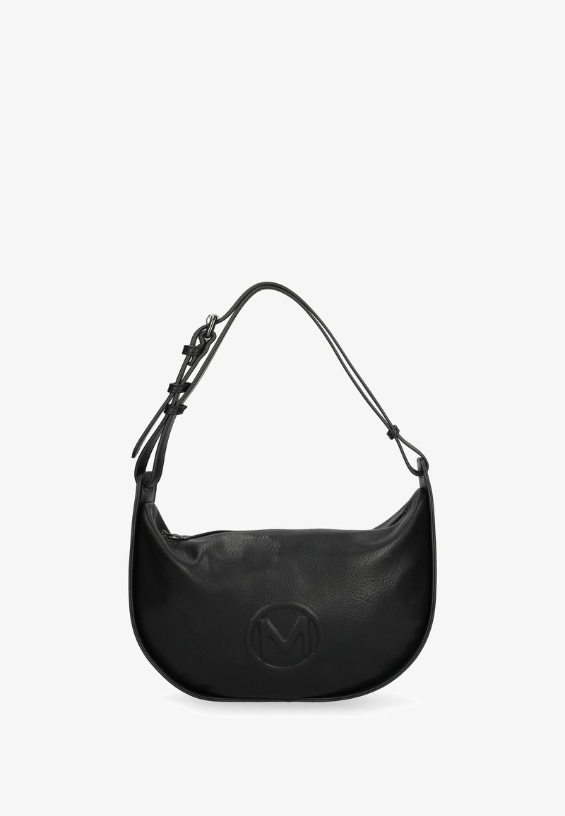 Černá kožená kabelka přes rameno s nastavitelným popruhem a reliéfním kruhovým logem na přední straně.