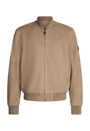 Veste bomber beige avec une fermeture éclair frontale, un col et des poignets côtelés, deux poches latérales et une finition en tissu texturé. Présente un accent noir sur la manche.
