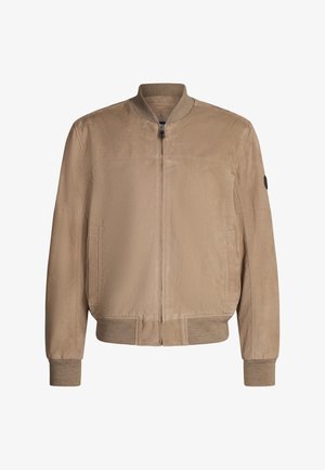 Beiger Bomberjacke mit durchgehendem Reißverschluss, geripptem Kragen und Bündchen, zwei Seitentaschen und einem strukturierten Stofffinish. Verfügt über einen schwarzen Akzent am Ärmel.