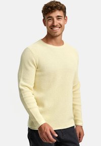 Maglione lavorato a maglia giallo chiaro con un motivo testurizzato, scollo tondo e maniche lunghe. Abbinato a jeans scuri per creare contrasto.