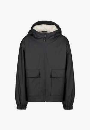 Mustapintainen takki, joka on valmistettu sileästä ja vedenpitävästä materiaalista, fleecevuorella varustettu hupulla, etuvetoketjulla ja kahdella suurella läpätaskulla. Hihansuissa on joustavat reunat.