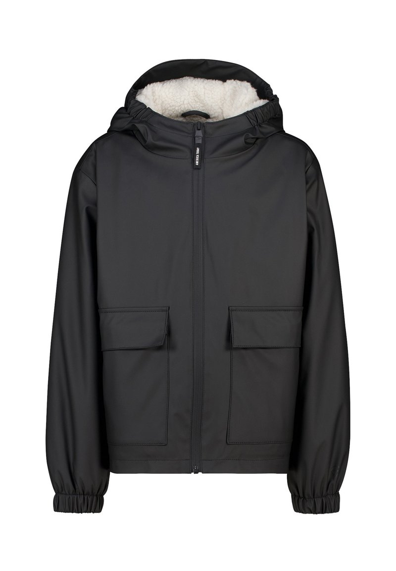 Black jacket made of smooth, waterproof material with a fleece-lined hood, front zipper, and two large patch pockets. Elastic cuffs included.