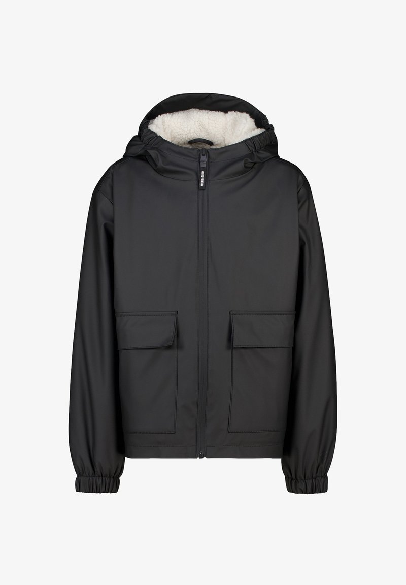 Black jacket made of smooth, waterproof material with a fleece-lined hood, front zipper, and two large patch pockets. Elastic cuffs included.