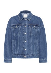 Traper jakna plave boje, s kopčanjem na dugmad, dva džepa na grudima i ovratnikom. Mekana tekstura s opuštenim krojem.