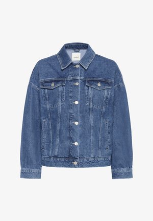 Mėlyna džinsinė striukė, su mygtukų užsegimu, dviem krūtinės kišenėmis ir apykakle. Minkšta tekstūra ir laisvas siluetas.