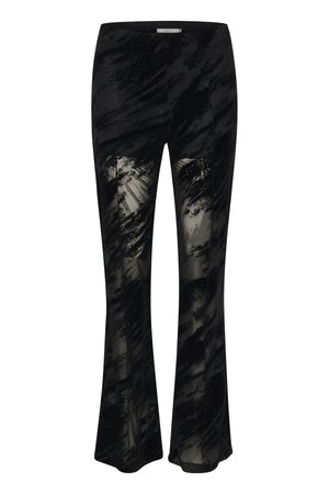 Čierne rozšírené nohavice s textúrovanou vrstvou, ktorá zobrazuje mramorovaný vzor. Obsahujú priesvitné panely pozdĺž nôh pre pridanie dizajnového detailu.