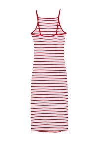 Robe sans manches à rayures rouges et blanches avec une silhouette ajustée et de fines bretelles. Matière en coton doux, design à hauteur de genoux.