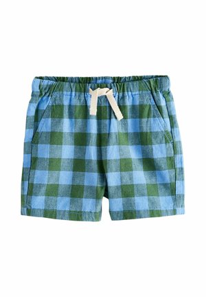 Kinder elastische Taillenshorts mit blau-grün kariertem Muster und weißem Kordelzug, mit Seitentaschen ausgestattet.