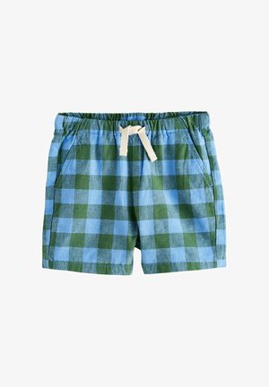 Kinder elastische Taillenshorts mit blau-grün kariertem Muster und weißem Kordelzug, mit Seitentaschen ausgestattet.