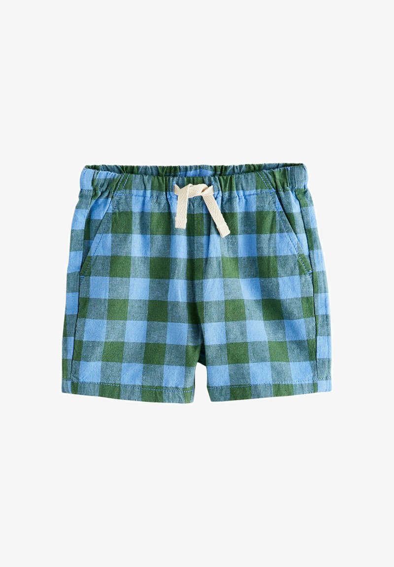 Shorts à taille élastique pour enfants avec motif à carreaux bleus et verts et cordon blanc, dotés de poches latérales.