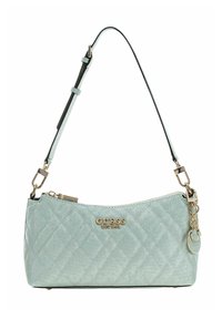 Sac à main matelassé bleu clair avec ferrures dorées, doté d'une courte bandoulière, d'une fermeture éclair et de détails logo.