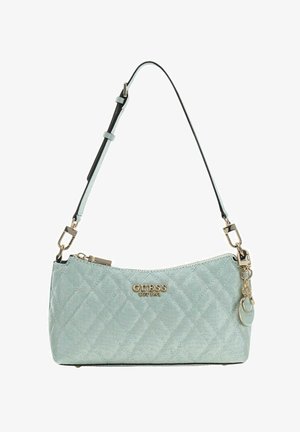 Sac à main matelassé bleu clair avec ferrures dorées, doté d'une courte bandoulière, d'une fermeture éclair et de détails logo.