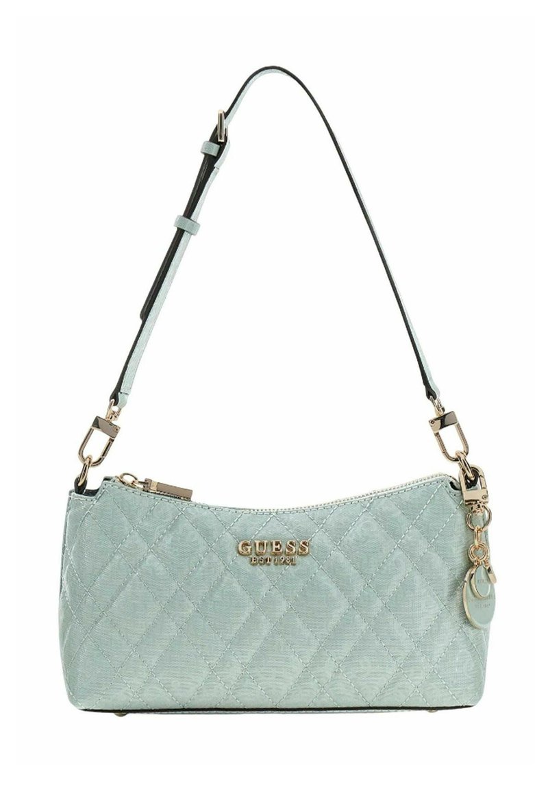 Sac à main matelassé bleu clair avec ferrures dorées, doté d'une courte bandoulière, d'une fermeture éclair et de détails logo.