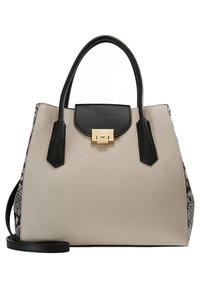 Strukturerad handväska i beige syntetläder med svarta accenter och ett överdel med krokodilstruktur. Har ett guldfärgat spänne och axelrem.