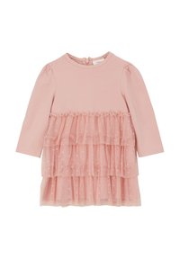 Růžové šaty s dlouhým rukávem a měkkým bavlněným vrškem. Vícevrstvová sukně z tylu s puntíky a volánovými okraji. Zapínání na knoflík na zadní straně.