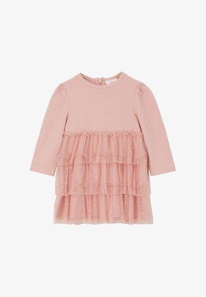 Růžové šaty s dlouhým rukávem a měkkým bavlněným vrškem. Vícevrstvová sukně z tylu s puntíky a volánovými okraji. Zapínání na knoflík na zadní straně.