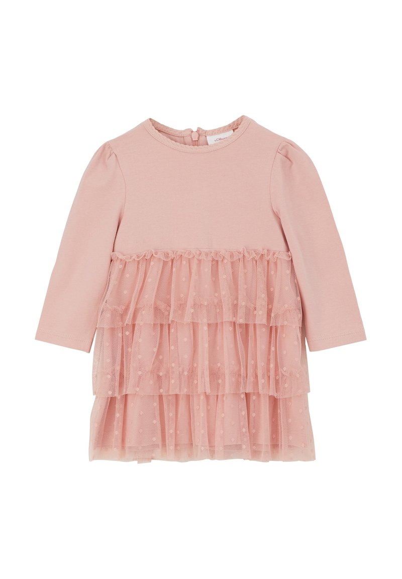 Růžové šaty s dlouhým rukávem a měkkým bavlněným vrškem. Vícevrstvová sukně z tylu s puntíky a volánovými okraji. Zapínání na knoflík na zadní straně.