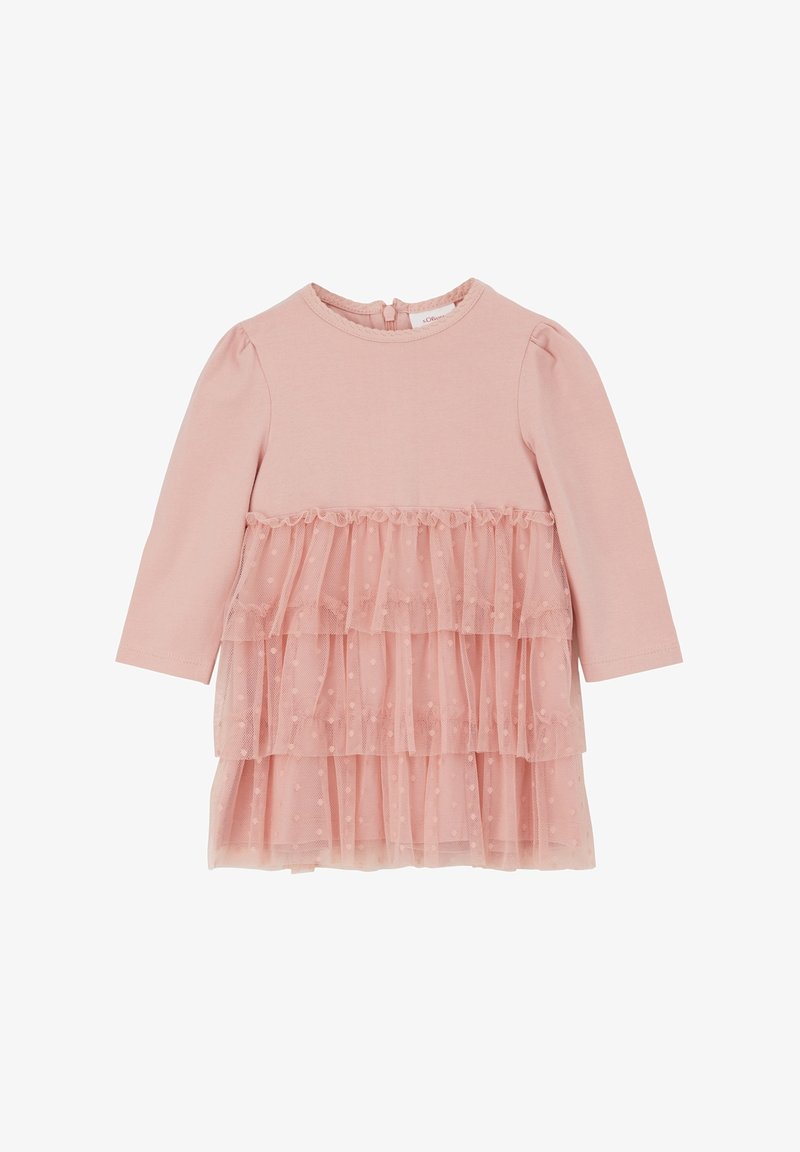 Růžové šaty s dlouhým rukávem a měkkým bavlněným vrškem. Vícevrstvová sukně z tylu s puntíky a volánovými okraji. Zapínání na knoflík na zadní straně.