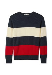Maglione a strisce blu navy, crema e rosso. Presenta un tessuto testurizzato con colletto a girocollo e polsini a costine sulle maniche e sull'orlo.