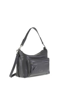Borsa in pelle grigia con una texture liscia, dotata di tasca frontale con zip, tracolla regolabile e forma arrotondata.