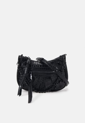 Black croc-embossed leather crossbody bag with adjustable strap, front zipper pocket, chain detail, and tassel zipper pull.