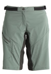 Shorts d'extérieur vert clair avec panneaux de ventilation noirs, poche zippée latérale, ceinture noire réglable et fermeture par bouton à la taille.