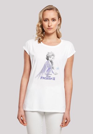 White cotton t-shirt featuring a graphic of a character from Frozen II, with purple accents and soft, relaxed sleeves.