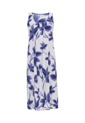 Abito maxi bianco senza maniche con stampa floreale blu e scollo a U, caratterizzato da pieghe verticali al centro davanti.