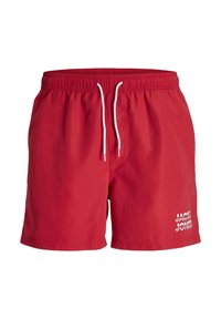 Rode zwemshorts met een elastische tailleband en witte trekkoord. Heeft een logo-opdruk in het wit aan de onderkant van de voorkant. Gladde, lichte stof.