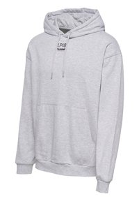 Grå hoodie i mjukt tyg, med en framficka, dragsko på huvan och logotyp i svart på bröstet. Lätt och avslappnad design med långa ärmar.